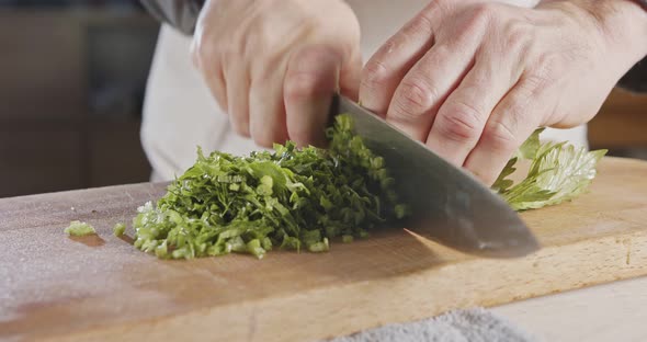 Slow motion of chef knife slicing celery leaves