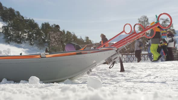 Rescue sled in the snow. Transport sleigh for injured skiers.