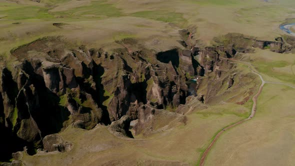 Top Down View Panorama of Fjadrargljufur Canyon a 100 Meters Deep Gorge in South Iceland