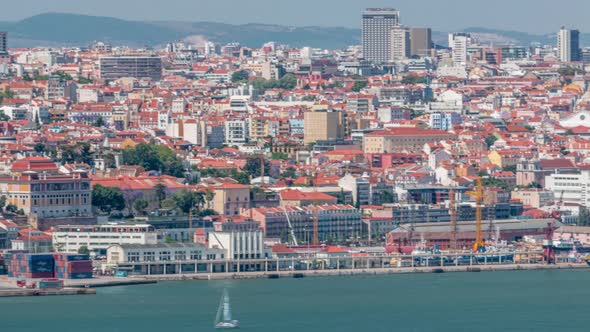 Panorama of Lisbon Historical Centre Aerial Timelapse Viewed From Above the Southern Margin of the