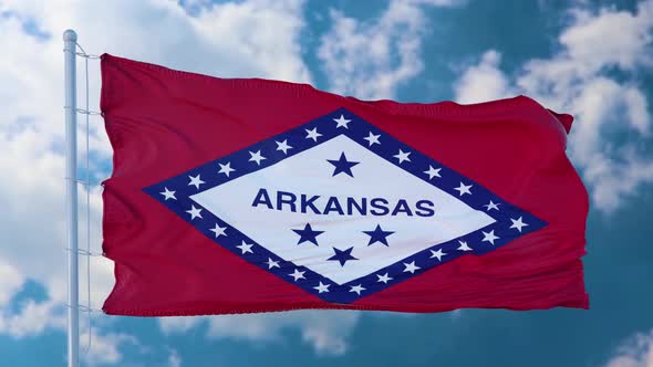 Flag of Arkansas State Region of the United States Waving at Wind