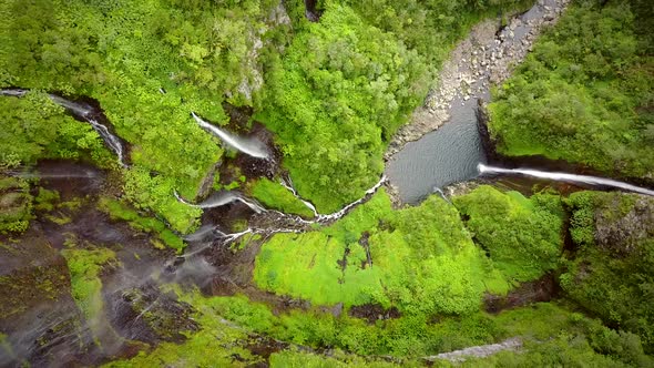 Aerial view of voile de la Mariee waterfall, Reunion island.