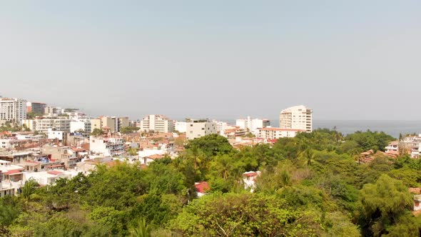 Aerial drone footage of the beautiful town centre of the town of Puerto Vallarta in Mexico