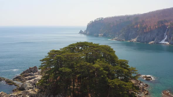 Rocky Island Washed By Waves Covered with Coniferous Trees in a Sea Bay