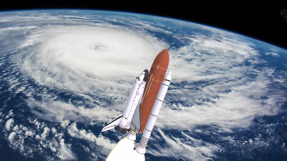 Space Shuttle Launching Over Earths Atmosphere and Hurricane alt
