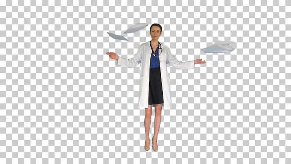 Young doctor woman throwing paper documents, Alpha Channel