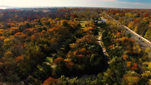 Autumn landscape on Long Island, NY USA, aerial by drone in 4K