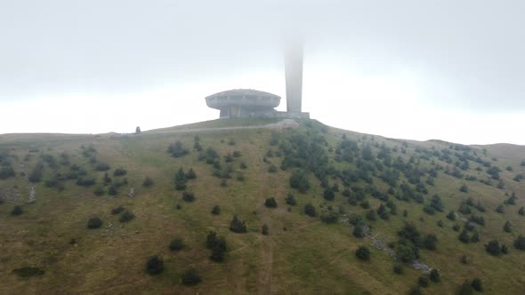 Aerial View of an Abandoned Soviet Monument Buzludzha Made in the Style of Brutalism Bulgaria