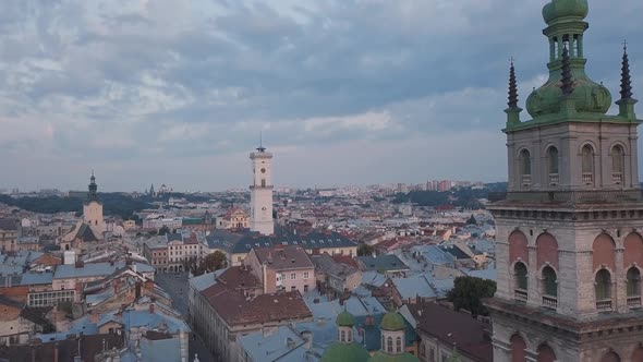 Aerial City Lviv, Ukraine. European City. Popular Areas of the City. Town Hall