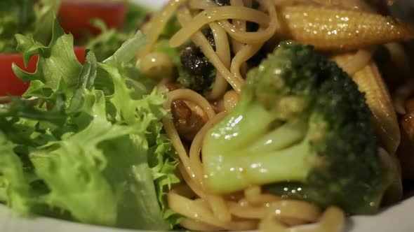 Warm Salad With Broccoli Corn Lettuce Arugula And Asparagus