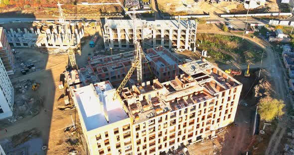 Construction Site of Multistorey Building with Tower Cranes