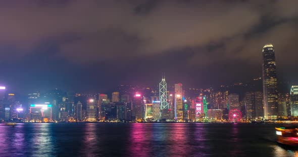 Aerial tNight Imelapse of Illuminated Hong Kong Skyline. Hong Kong, China