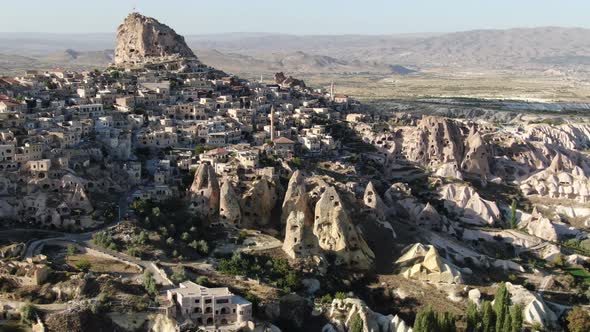 Aerial view of Pigeon Valley and Uchisar village and castle at Cappadocia, Turkey