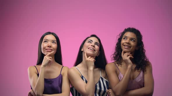 Multiracial Pensive Women Thinking About Boyfriends, Dreaming About Relationship