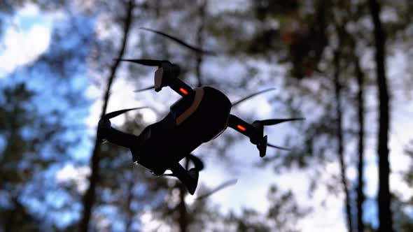 Drone with a Camera Hovers in the Air. Flies Above the Ground in the Forest. Slow Motion