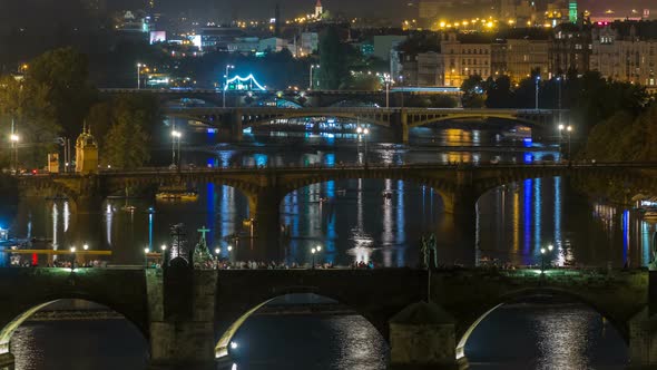 Aerial Night View of the Vltava River and Illuminated Bridges Timelapse Prague