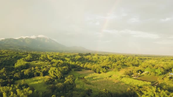 Aerial Landscape Fruit Garden and Agricultural Field in Asian Countryside on Mountain and Rainbow