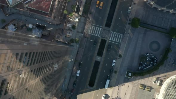 AERIAL: Epic Slow Lowering and Circling Birds Eye View Over Downtown Los Angeles California in