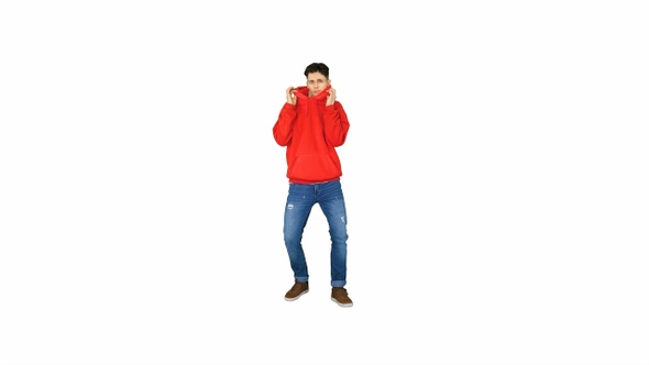 Hip-Hop style man in red hoody dancing on white background