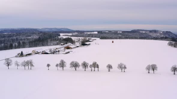 Wonderful winter day - flight trough a snowy landscape with a wide field and a left sided farm behin