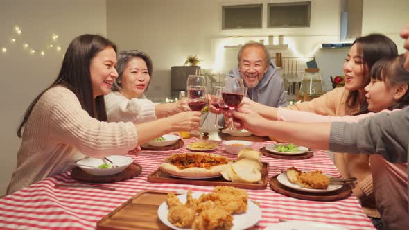 Happy family time and relationship, Asian big family having christmas party eating food together.