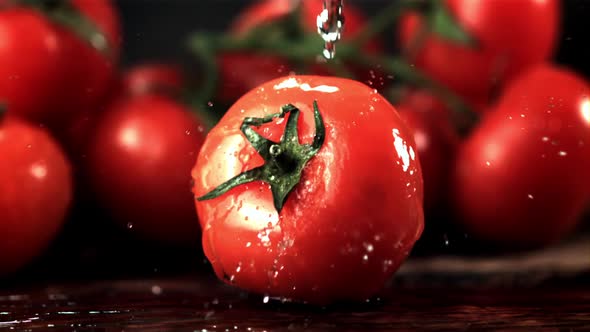Super Slow Motion on the Tomato Drips Water with Splashes