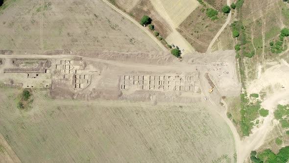 Archaeological excavation. Aerial view of the archaeological excavations and archaeologist camp.