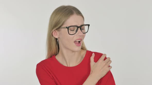 Young Woman with Shoulder Pain on White Background