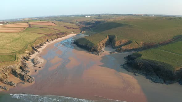 Aerial view of Poly Joke Beach, Polperro, Cornwall, United Kingdom.