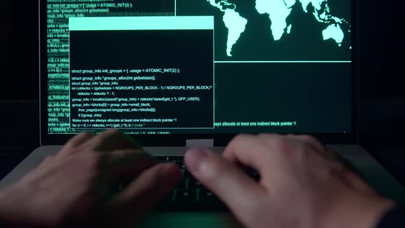 Hands Hacker Using Laptop Computer Hacking In The Dark Room