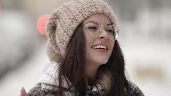 Portrait of Positive Young Woman Outdoors at Winter Day Smiling and Laughing Face of Student or High