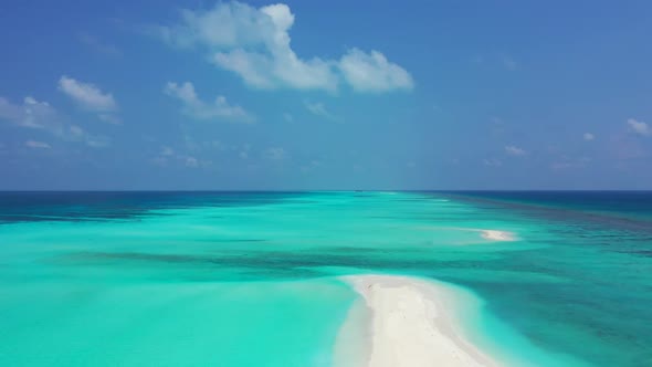 Aerial seascape of marine tourist beach time by blue green ocean and white sand background of a picn