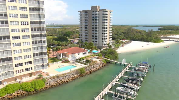 Waterfront buildings in Lovers key, Southwest Florida. Aerial view tropical beach