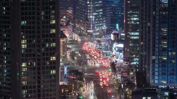 City Traffic Lights at Night Time. Seoul, South Korea