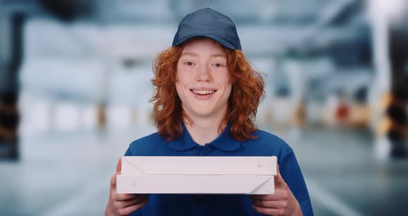 Young Pizza Delivery Guy Looks at the Camera and Smiles, a Red-haired Boy Holds Pizza Boxes in His