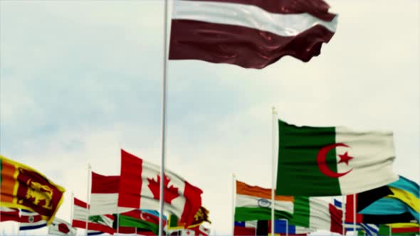 Latvia Flag With World Globe Flags Morning Shot