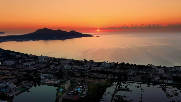 Aerial drone footage of the beach front on the Spanish island of Majorca Mallorca