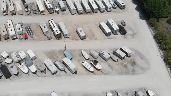 Drone view of boat and RV storage.  Back view as drone flies over