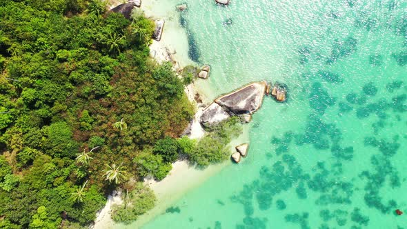 Aerial - tropical coast with sandy beach, boulders, palm trees and turquoise sea water with rich mar