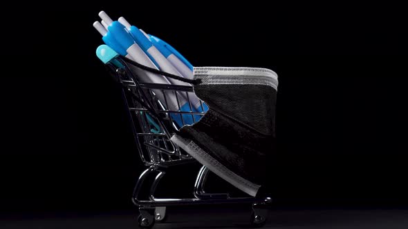 Supermarket trolley with blue white ballpoint pens 