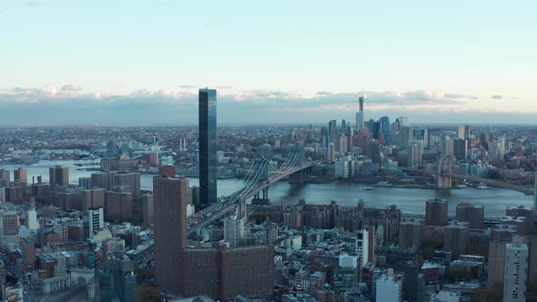 Slide and Pan Footage of Manhattan Bridge with Heavy Traffic