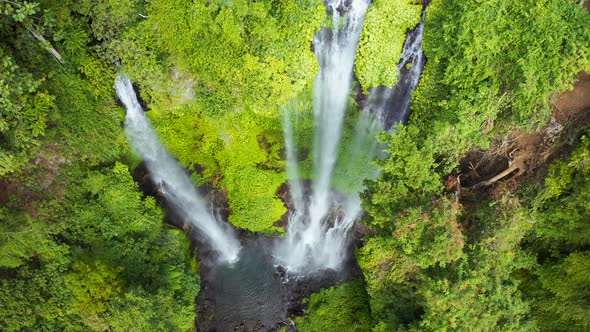 Sekumpul Waterfall on Bali Island Indonesia - Travel and Nature Background, Aerial View 