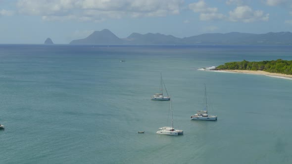 Aerial of boats moored in calm sea and forest near coast