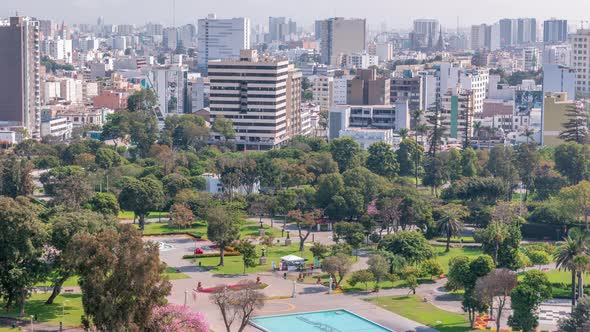 Aerial View to Park of the Reserve with Magic Water Circuit Biggest Fountain Complex Timelapse