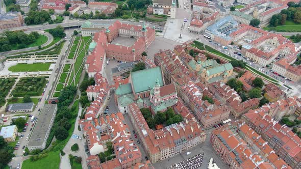 Flying over Warsaw Old Town, capital of Poland, Europe