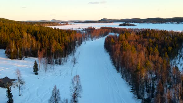 Aerial view of a forest with snow, Overtornea, Sweden.