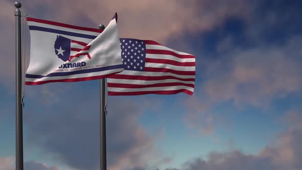 Oxnard City Flag Waving Along With The National Flag Of The USA - 4K