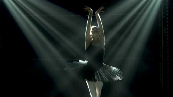 Silhouette a Young Ballerina in Black Tutu and Pointe Ballet Shoes. Graceful Dancing of Elements