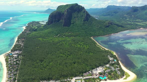 Aerial view of Mauritius island panorama and famous Le Morne Brabant mountain, beautiful blue lagoon