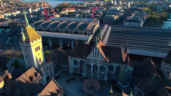 Swiss National Museum aerial drone view, flying above Zurich cityscape, day